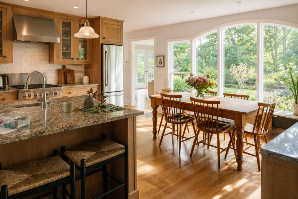 Wood kitchen with granite island opening to a sunlit dining area with arched windows overlooking a garden in Needham, MA