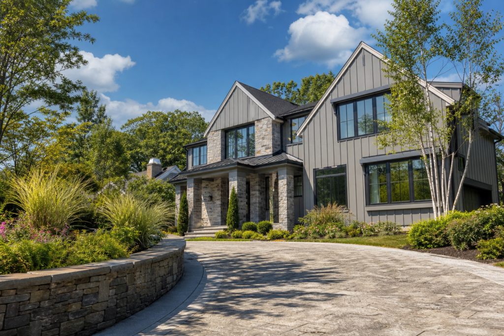 Modern gray farmhouse with stone accents, black windows, and a paver circular driveway in Needham, MA