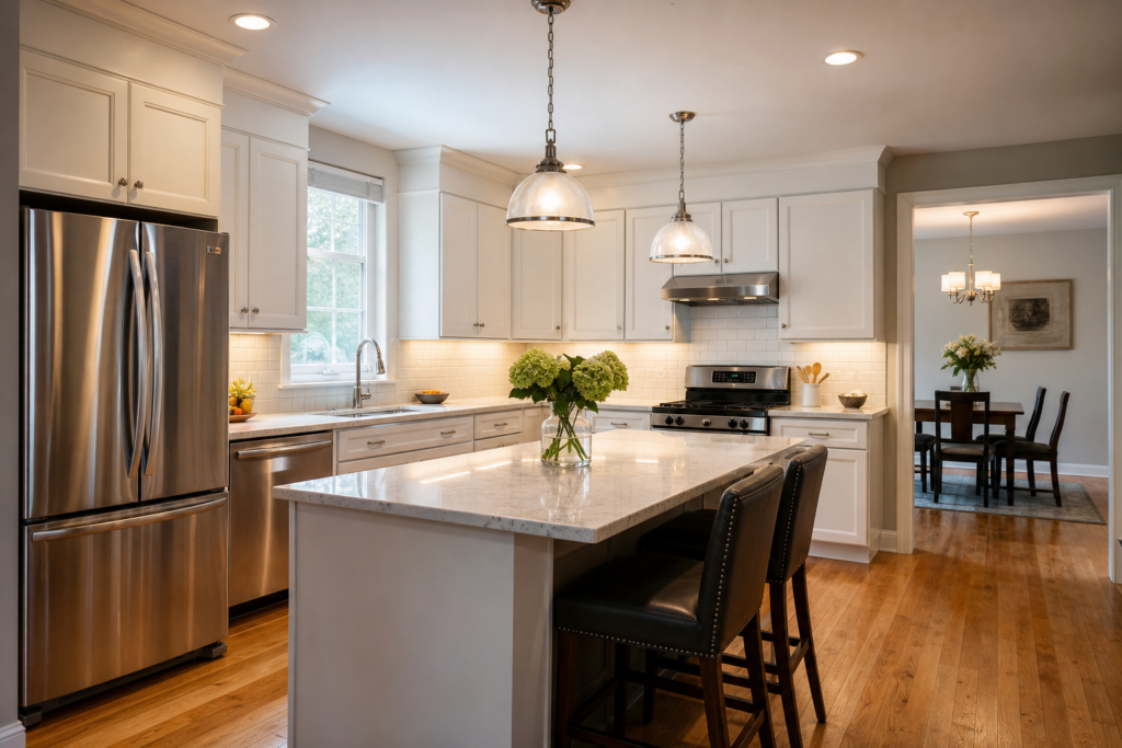White kitchen with marble island, leather barstools, and open view to a formal dining room
