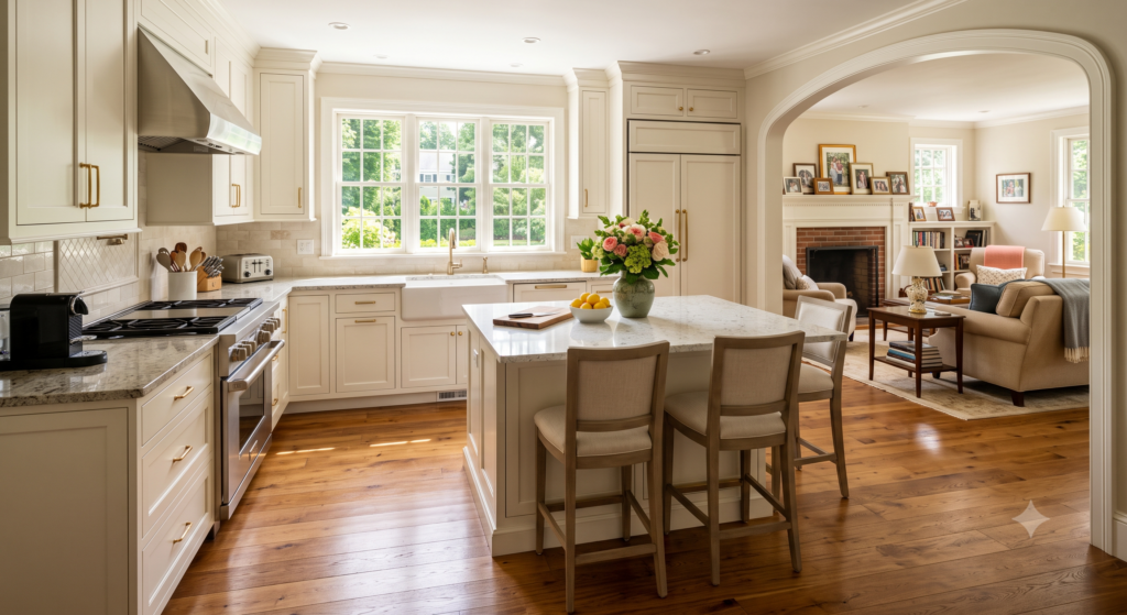 Interior real estate photograph of a bright, professionally staged kitchen and adjacent living area. The kitchen features warm white cabinetry with brass hardware, granite countertops, a farmhouse sink beneath traditional multi-pane windows, and stainless steel appliances. A central island provides seating with three upholstered barstools and is decorated with a vase of fresh flowers. Rich hardwood floors run throughout the space. Through a wide arched doorway, a cozy, lived-in living room is visible, complete with a brick fireplace displaying family photos on the mantel, built-in bookshelves, and comfortable beige seating. Natural sunlight warmly illuminates the entire scene
