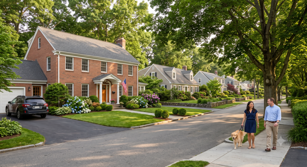 AI-generated illustration of a brick colonial home on a tree-lined suburban street in Needham, MA with a couple walking a dog