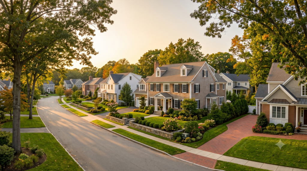 An elevated photograph captures a quiet, affluent suburban street at golden hour, with warm sunlight filtering through the dense, mature trees that frame the curving road. Elegant, well-manicured, single-family homes with traditional architecture, detailed landscaping, stone retaining walls, and brick-paved driveways line the asphalt street under a soft, golden sky.