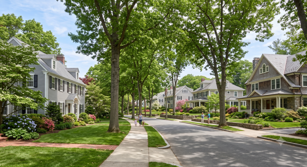 Tree-lined residential street with colonial and shingle-style homes, manicured lawns, and neighbors walking