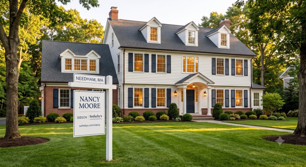 Exterior real estate photograph of a luxurious, traditional Colonial-style home featuring a brick first story, white siding on the upper level, dark shutters, and dormer windows. The house is framed by mature trees and a neatly manicured, bright green lawn under warm sunlight. In the foreground, a white real estate sign reads "NEEDHAM, MA" on the top rider, with "NANCY MOORE," "GIBSON Sotheby's," and a website address on the main panel