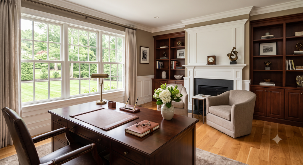A sophisticated home office featuring a dark wood executive desk with a leather top and chair in the foreground. On the desk are a vase of white hydrangeas, reading glasses on a journal, and a brass lamp. The back wall includes a prominent white fireplace flanked by dark wood built-in bookshelves and two taupe armchairs. A large wall of windows overlooks a green lawn and trees