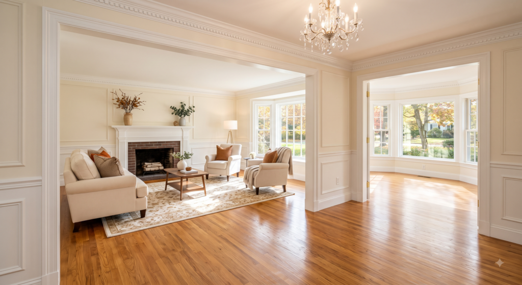 A bright, elegant interior of a colonial-style home featuring a wide entry foyer with honey-toned hardwood floors, a sparkling crystal chandelier, and soft cream walls detailed with wainscoting and crown molding. Through a broad archway, a sunlit living room is visible, tastefully staged with cream-colored seating centered around a traditional fireplace, while bright natural autumn light streams in through large bay windows