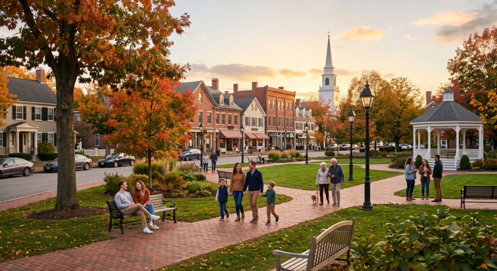 A photograph of a charming New England town green during the autumn golden hour. Families, couples, and individuals are enjoying the late afternoon, walking along brick paths or relaxing on benches. The park is surrounded by historic buildings, a classic white church with a steeple, and a gazebo. The trees are full of vibrant fall foliage. The setting sun casts a warm, golden light on the entire scene