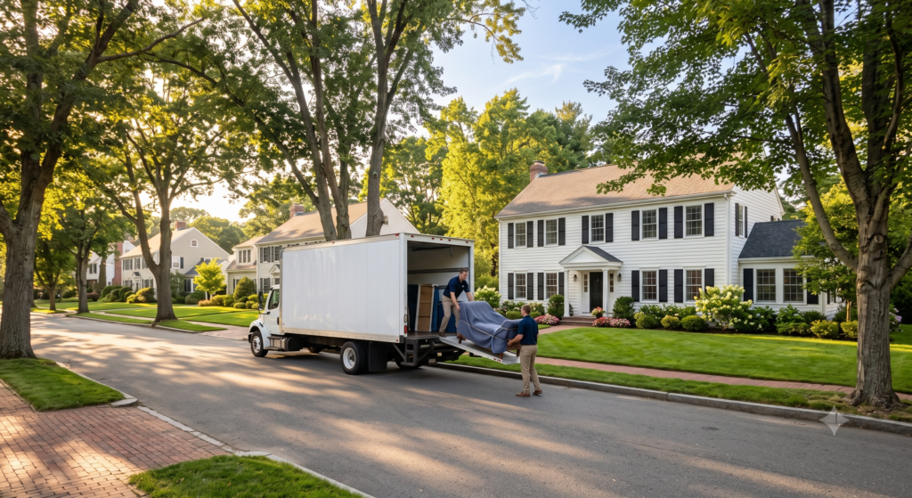 AI photograph taken from across a residential street in a tree-lined suburban neighborhood during golden hour. A large white moving truck is parked at the curb, with its ramp down. Two movers, dressed in dark shirts and khakis, are carrying a wrapped, rectangular item down the ramp. Behind the truck is a two-story white colonial house with black shutters, a manicured lawn, and colorful flower beds. Other traditional homes are set back along the curving, tree-shaded road, and a brick sidewalk is on the left foreground.