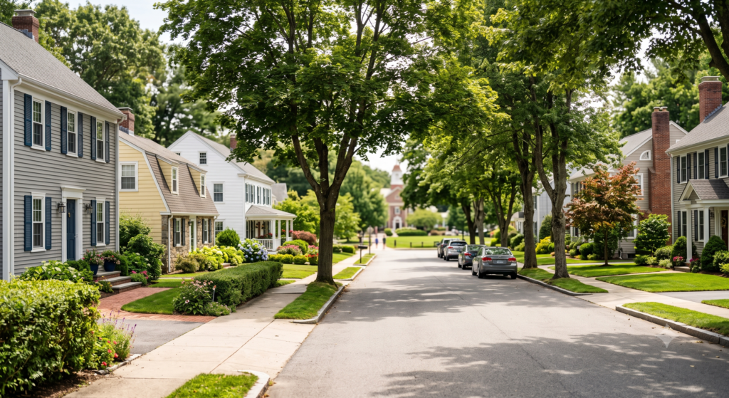 A photorealistic, daytime view of a picturesque, tree-lined residential street. Large, mature trees cast dappled shadows across the paved road and sidewalks. The street is flanked by well-maintained, traditional New England-style homes, including Colonials and Capes, featuring neat lawns, manicured hedges, and clapboard siding in shades of grey, pale yellow, and white. A few cars are parked neatly on the right side of the road. In the soft-focus background, the street leads toward a public green space and a classic brick community building with a white cupola, conveying a peaceful, family-friendly, and prosperous neighborhood atmosphere.