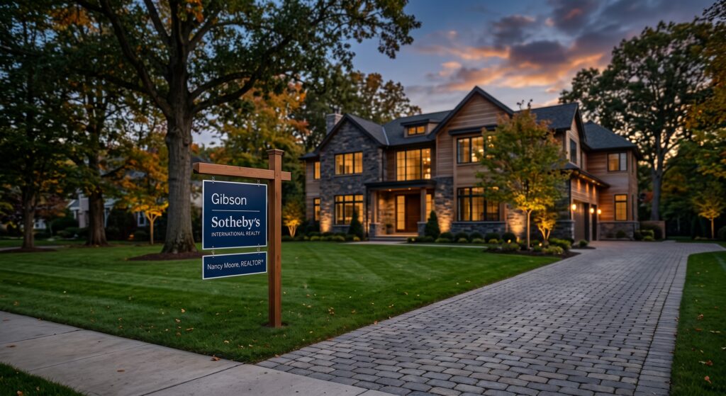 A cinematic twilight shot of a large luxury home with warm interior lighting glowing through the windows. In the foreground, a Gibson Sotheby's International Realty yard sign stands on a manicured green lawn, featuring a sign rider for real estate agent Nancy Moore."