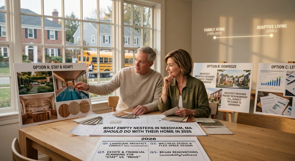 A cinematic shot of a thoughtful empty-nester couple in a sunlit suburban home, reviewing presentation boards at a wooden table. The central document reads "WHAT EMPTY NESTERS IN NEEDHAM, MA SHOULD DO WITH THEIR HOME IN 2026." They are evaluating three display boards: "Option A: Stay & Adapt" featuring renovation concepts, "Option B: Downsize" showing smaller architect-designed homes, and "Option C: Leverage" displaying financial charts. Architectural blueprints, interior design swatches, and a detailed 2026 quarterly planning schedule are spread across the table in front of them. Through the large multi-pane window behind the couple, a classic New England neighborhood is visible with a yellow school bus passing by. A subtle glowing graphic in the upper right corner illustrates a timeline transitioning from "Family Home (1995-2025)" to "Adaptive Living (2026+)."