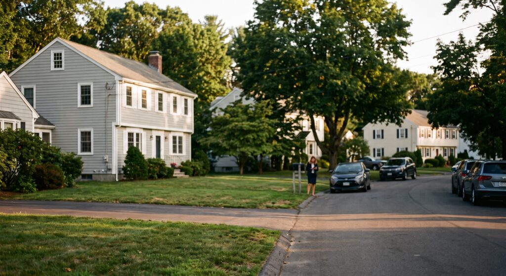 A cinematic, golden-hour view of a peaceful, tree-lined suburban neighborhood in Needham, Massachusetts, featuring a classic grey two-story home with a manicured lawn.