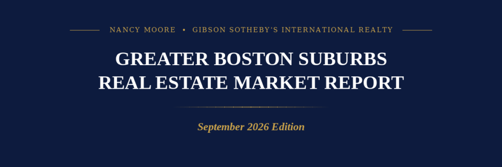 Navy and gold header graphic for Nancy Moore's Greater Boston Suburbs Real Estate Market Report, September 2026 edition, Gibson Sotheby's International Realty